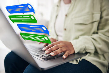 Image showing Laptop, message icon or hands of woman typing for communication, social media or online chat. Emojis, notification overlay or closeup of person on app to scroll on website or digital network at home