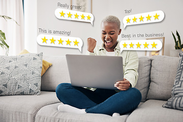 Image showing Laptop, excited and business owner reading review, email or feedback for financial bonus or 5 star rating. Overlay, success or happy woman in celebration of computer results or online sales at home