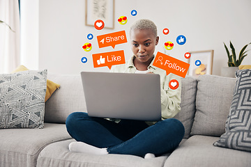 Image showing Emoji, overlay and black woman with laptop on a sofa for social media, chat or notification at home. Emoticon, reaction and African lady influencer online for blog, update or podcast content creation