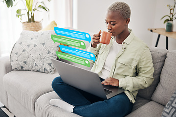 Image showing Coffee, message notification or black woman on laptop for communication, social media or online chat. Tea, email overlay or African person on app to scroll on website or digital network at home sofa