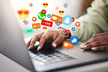Image showing Laptop, emojis or hands of woman typing for communication, social media or online chat. Icon, message notification overlay or closeup of person on app to scroll on website or digital network at home