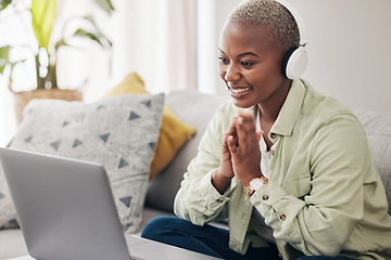 Image showing Laptop, home and happy woman reading results, email or feedback for job opportunity success. Gratitude, headphones or excited African person in celebration of review or online sales on computer or pc