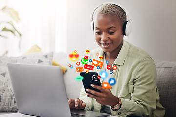 Image showing Laptop, social media icon or woman with phone for communication, message or online chat. Headphones, notification emojis or African person streaming music on mobile app on website or network at home