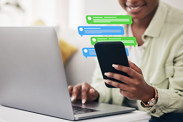 Image showing Chat, remote work and person with phone and laptop for an email, connection or typing in a home. Business, entrepreneur and freelance worker with mobile for an app, icon or pc for networking