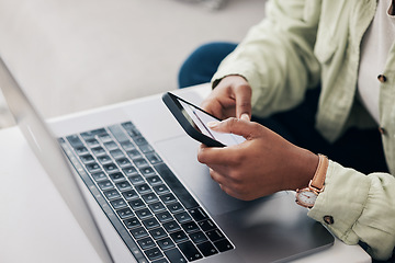 Image showing Hands, woman and laptop with smartphone, typing and connection with network, online reading and mobile app. Person, pc and girl with a cellphone, social media and search internet with digital apps