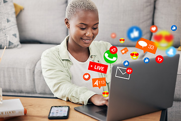 Image showing Woman, laptop and social media message icon on home floor for connection, content or platform. African influencer at computer for communication, live streaming and like or love emoji reaction overlay