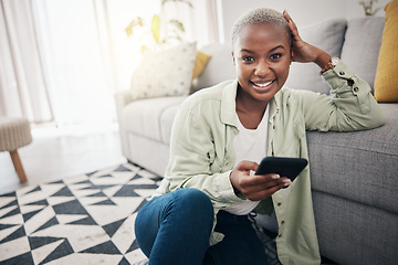 Image showing Happy woman, portrait and phone on floor in lounge for social media post, search tech contact and subscription to mobile games. African person, smartphone user and download digital multimedia at home