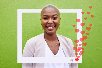Image showing Social media, heart and influencer woman profile or frame for love emoji, fan page or icon app. Portrait of African person for online chat, content notification or network overlay on green background