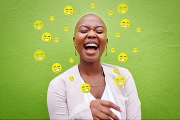 Image showing Social media, laughing and emoji icon of a woman or influencer for funny meme app. Face of African person for online chat, content creator or communication notification overlay on green background