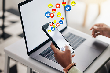 Image showing Phone, social media emojis or hands typing on laptop for communication, chat texting or online dating. Closeup, mockup space or person on mobile app screen to scroll on website or digital network