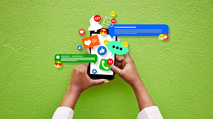 Image showing Phone, person hands and social media emojis for online network, contact or application feedback. Cellphone, closeup and user typing post, communication and like notification on green background wall