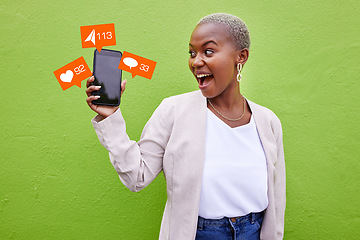 Image showing Social media, communication or phone icon with a woman at wall with message app. Excited African person with smartphone for online chat, network or platform notification overlay on green background