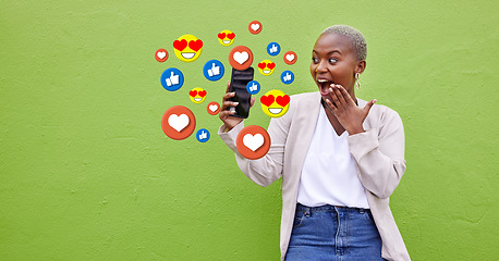 Image showing Surprise, black woman and phone icons, social media emojis and wow facial expression for online notification. Wow opinion vote, mockup and shocked user reading chat feedback on green background wall