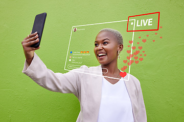 Image showing Phone selfie, live streaming video and black woman with heart emojis, media icons and social network feedback. Cellphone recording, content creator and influencer broadcast on green background wall