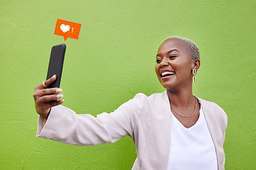 Image showing Selfie, happy black woman and heart icon, social media emoji and post memory picture, content creation or photography. Communication, love opinion or African influencer photo on green background wall