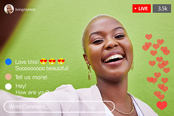 Image showing Influencer woman, live streaming and phone screen for smile, ui or portrait for reaction, comment section or app. Girl, social media and content creation for like, subscription or web chat with video