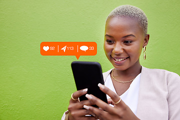 Image showing Woman, phone and texting with notification icon, typing or reading with web chat, blog and green background. African girl, contact and smartphone for communication, social network or overlay by wall