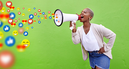 Image showing Megaphone, emoji communication and social media with a black woman in studio on a green background. Speech, announcement and a young person shouting into a loud speaker to like, comment or share