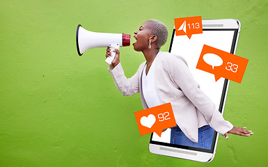 Image showing Megaphone communication, black woman or phone icons, social media emoji or advertising announcement. Cellphone notification, feedback opinion speech or African speaker scream on green background wall