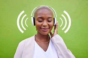 Image showing Music, headphones and happy black woman listening on green wall background overlay. Radio, smile and African person streaming podcast, hearing audio and sound of jazz media for freedom of technology