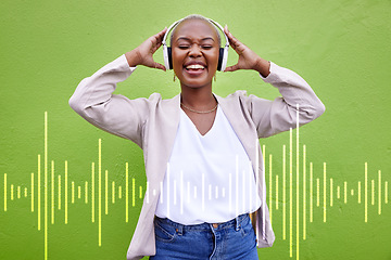 Image showing Music headphones, singing and happy black woman on green wall background overlay. Radio, dance and African person streaming podcast, hearing audio and listening to sound of jazz media for freedom