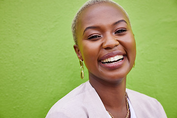 Image showing Portrait, fashion and funny black woman on green wall background mockup space. Face, smile and confident African person in style, formal clothes and happy to laugh at comedy joke in Nigeria outdoor