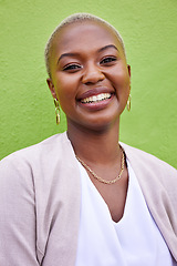 Image showing Portrait, business and happy black woman on green wall background for career of entrepreneur. Face, smile and confident African professional, consultant and employee in formal clothes in Nigeria.