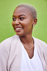 Image showing Happy, idea and young black woman by a green wall with trendy, classy and elegant jewelry and outfit. Thinking, smile and African female model with positive and confident attitude with fashion.