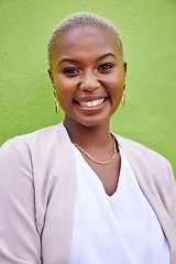 Image showing Portrait, business and happy black woman, entrepreneur and career of worker on green wall background. Face, smile and confident African professional, consultant and employee in clothes in Nigeria