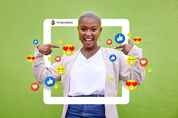 Image showing Social media, icon and influencer woman content, profile or frame for love emoji, fan page or app. Portrait of excited African person for online post, like notification or overlay on green background