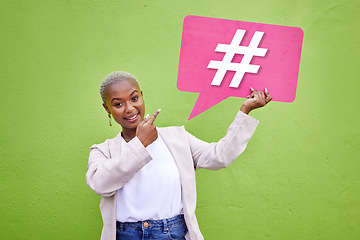 Image showing Portrait, pointing and black woman with a hashtag speech bubble for social media. Contact, African person or girl with a board for a blog sign, networking or virtual connection on a green background