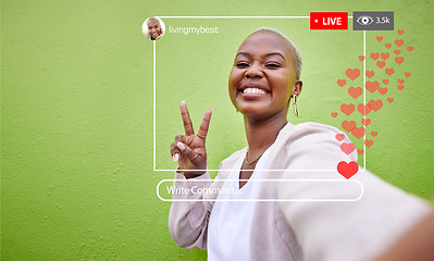 Image showing Portrait, social media and a peace sign with a black woman recording live content for like, emoji or interaction. Frame, smile and update with a happy young influencer in studio on a green background