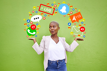 Image showing Social media, icon or connection with a woman at wall for emoji, live streaming app or message. African person hands for online chat, notification or network communication overlay on green background