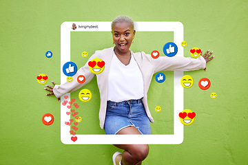 Image showing Social media, woman and icon on influencer post, profile frame or love emoji, fan page and app. Excited African person portrait for online content, like notification or overlay on green background