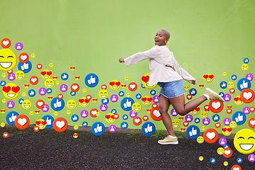 Image showing Social media, emoji icon or influencer woman on city street for like or love reaction. Excited african person run on fan page, content creator app or communication notification overlay on green wall