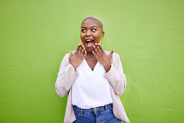 Image showing Excited, thinking and black woman surprise by news, deal or discount offer isolated in a studio green background. Wow, gossip and young person with emoji reaction to announcement or promotion