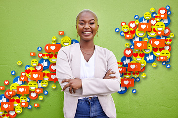 Image showing Social media, emoji icon or influencer woman arrow for like, love reaction or follow growth. Happy african person on green wall for fan page, content creator app or communication notification overlay
