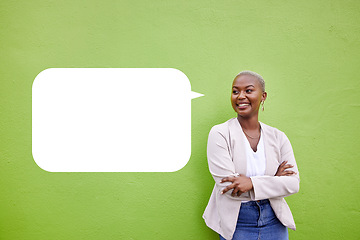 Image showing Social media, speech bubble and happy black woman with arms crossed, mockup communication or vote opinion. Advertising space, brand design or professional person announcement on green background wall
