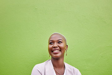 Image showing Happy, thinking and black woman by green wall with mockup space for marketing, promotion or advertising. Idea, smile and young African female model with dreaming, memory or reflection face expression