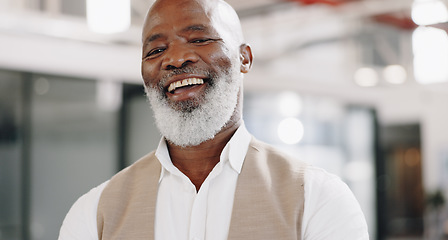 Image showing Senior businessman, face and workplace with success in corporate with employer, ceo and leadership pride. Black man leader in office, smile in professional portrait and vision with positive mindset.