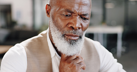 Image showing Business, thinking and senior black man in office with decision, brainstorming or planning solution. Idea, doubt and elderly African male CEO with choice, why or puzzled, problem solving or unsure