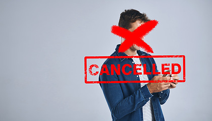 Image showing Cancel culture, man phone and banned overlay with graphic and red cross in studio. Social media, grey background and cancelled person with controversy, toxic opinion and censorship on mobile app