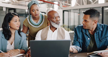 Image showing Laptop, teamwork or employees in meeting problem solving for an online strategy or data analytics. CEO, collaboration or group of people speaking of ideas on a project in a digital agency together