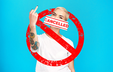 Image showing Cancel culture, angry woman and portrait of banned overlay with graphic and rude hand sign. Swear, blue background and cancelled female person with controversy, toxic opinion and censorship letter