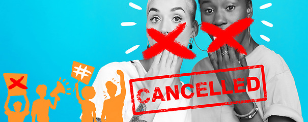 Image showing Cancel culture, social media and women on a blue background for silence, protest or society opinion. Banner, quiet and friends or people with politics movement, propaganda or online problem