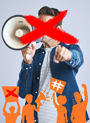 Image showing Opinion, cancel culture and restriction with person and megaphone in studio for voice, social media or censorship. Discrimination, free speech or announcement with man on white background for warning