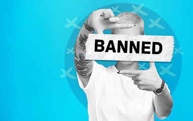 Image showing Banner, ban and face of woman with protest for social media bullying, illustration and opinion on abstract blue background. Mockup, person and voice for stop, word overlay and message in studio