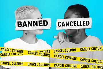 Image showing Social media, cancel culture and women online, internet or influencer friends on a studio blue background. Negative, bad and graphic words for banned or fail for public or political opinion or voice