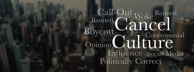 Image showing Cancel culture, text in city and social media opinion, silence freedom of speech and message. Words, censorship and protest of influencer, call out and ban on internet for online bullying in society