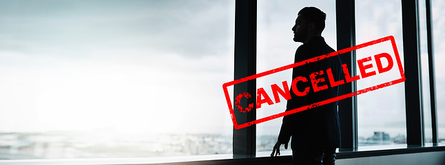 Image showing Cancel culture, overlay and silhouette of person by window for bias, political controversy or criticism. Mockup, business and shadow of worker for professional society problem, mistake or censorship